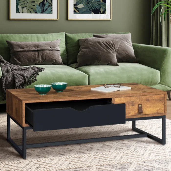 Table basse 2 tiroirs style industriel effet bois vieilli