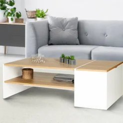Table basse avec rangement bar 110 cm bois imitation hêtre et blanc