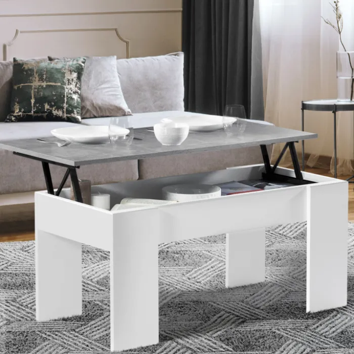 Table basse bois blanc plateau relevable effet béton