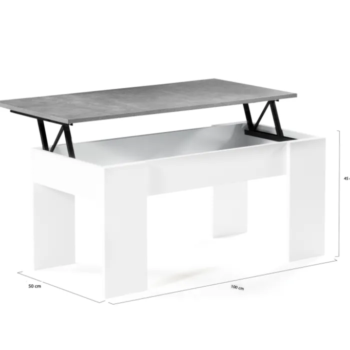 Table basse bois blanc plateau relevable effet béton
