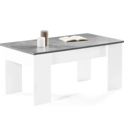Table basse bois blanc plateau relevable effet béton