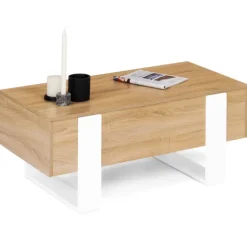 Table basse bois et blanc avec plateau relevable