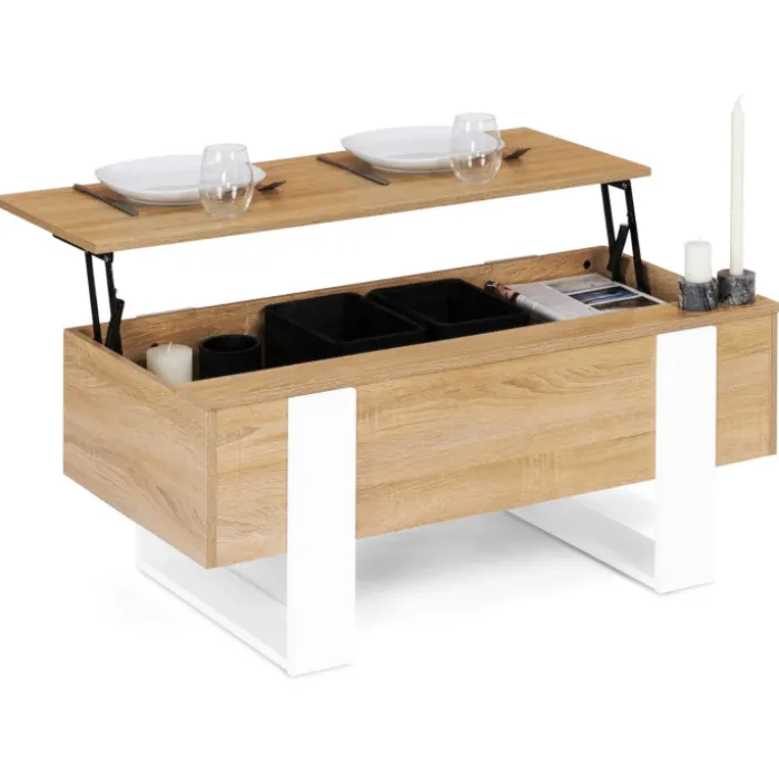 Table basse bois et blanc avec plateau relevable