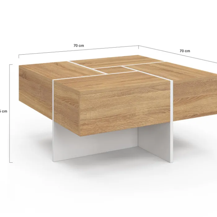 Table basse carrée 70 cm avec tiroirs bois et blanc