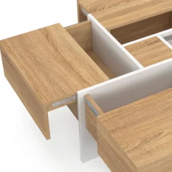 Table basse carrée 70 cm avec tiroirs bois et blanc