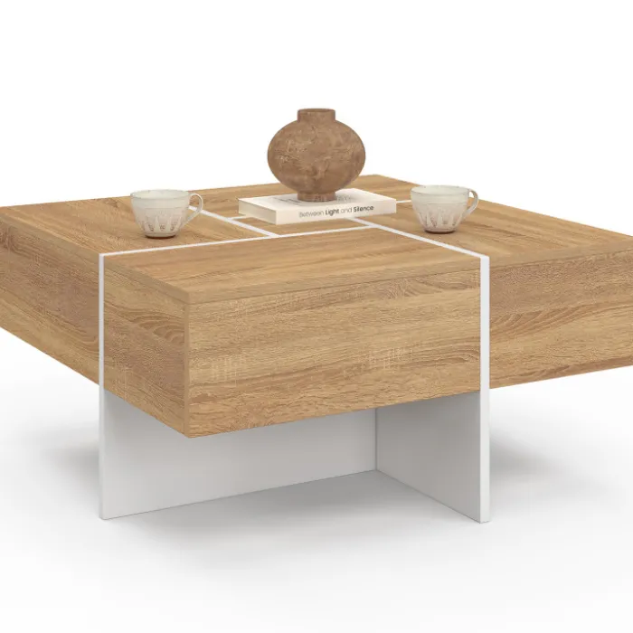 Table basse carrée 70 cm avec tiroirs bois et blanc