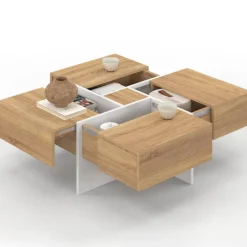 Table basse carrée 70 cm avec tiroirs bois et blanc