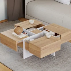 Table basse carrée 70 cm avec tiroirs bois et blanc