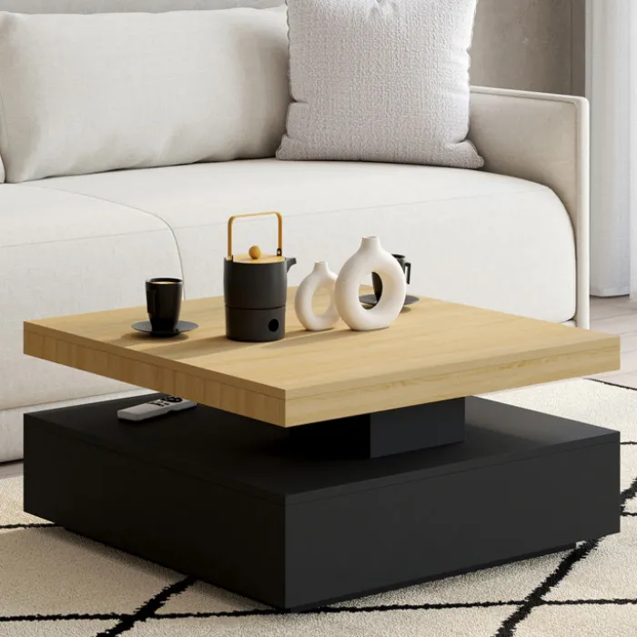 Table basse carrée avec plateau rotatif moderne 70 cm bois et noir