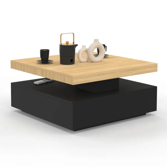 Table basse carrée avec plateau rotatif moderne 70 cm bois et noir