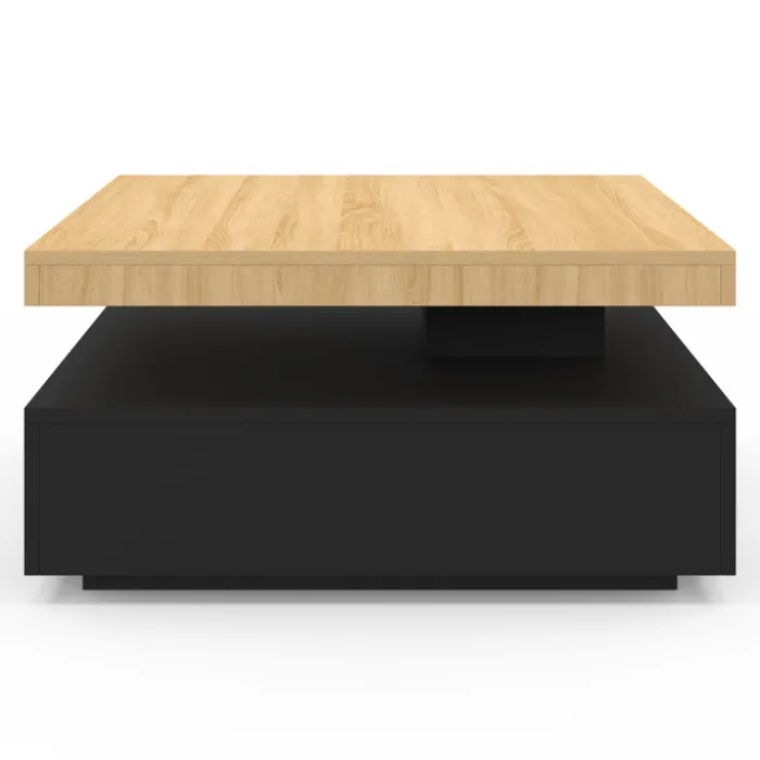 Table basse carrée avec plateau rotatif moderne 70 cm bois et noir