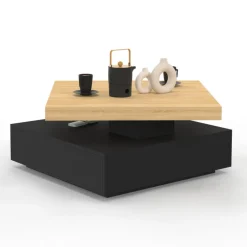 Table basse carrée avec plateau rotatif moderne 70 cm bois et noir