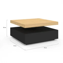 Table basse carrée avec plateau rotatif moderne 70 cm bois et noir