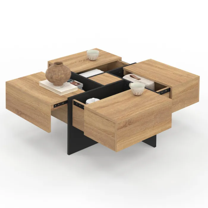 Table basse carrée avec 4 tiroirs bois et noir