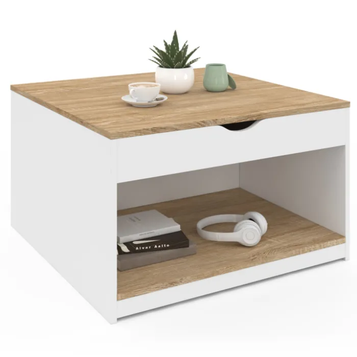 Table basse carrée blanche avec plateau relevable et coffre bois