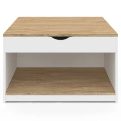 Table basse carrée blanche avec plateau relevable et coffre bois