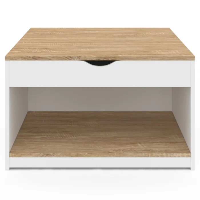 Table basse carrée blanche avec plateau relevable et coffre bois