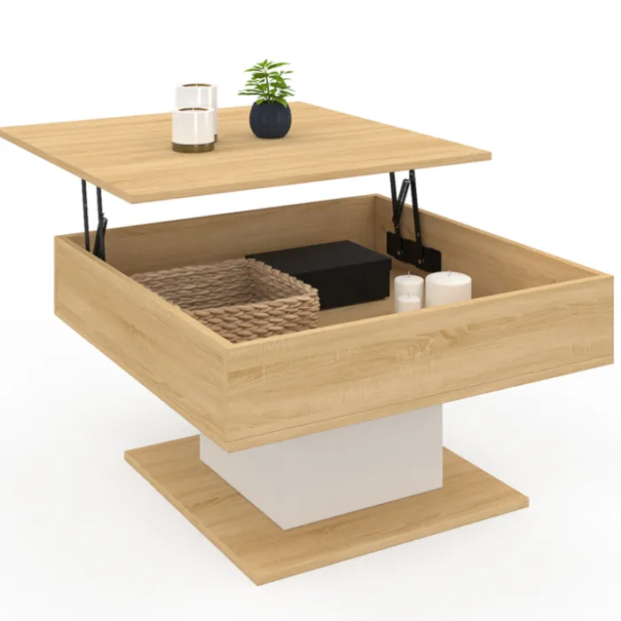 Table basse carrée bois et blanc avec plateau relevable