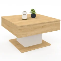 Table basse carrée bois et blanc avec plateau relevable
