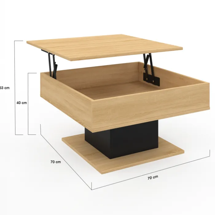 Table basse carrée bois et noir avec plateau relevable