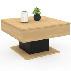Table basse carrée bois et noir avec plateau relevable