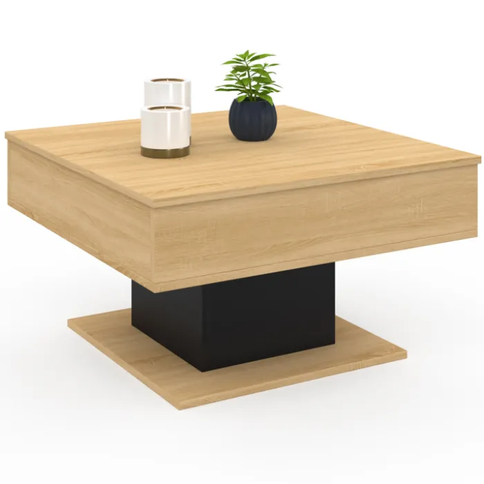 Table basse carrée bois et noir avec plateau relevable