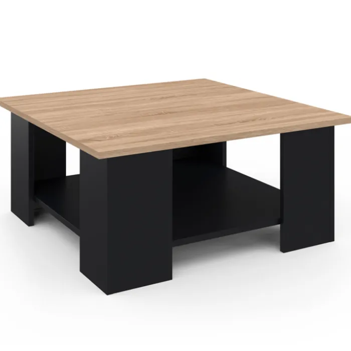 Table basse carrée noire avec plateau imitation hêtre