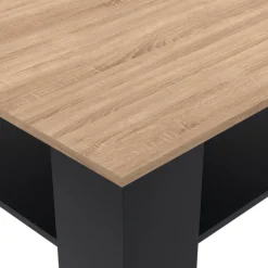 Table basse carrée noire avec plateau imitation hêtre