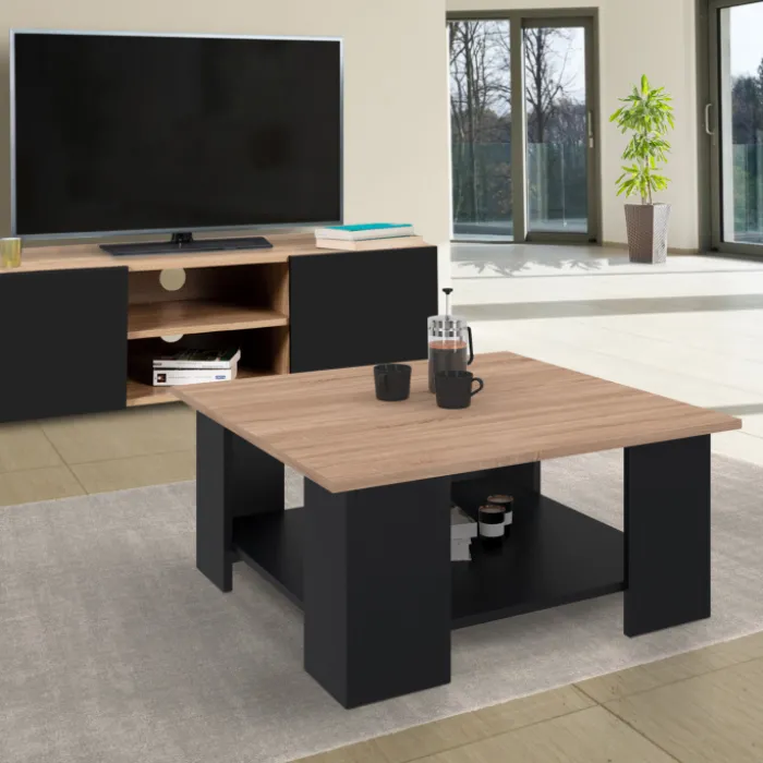 Table basse carrée noire avec plateau imitation hêtre
