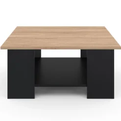 Table basse carrée noire avec plateau imitation hêtre