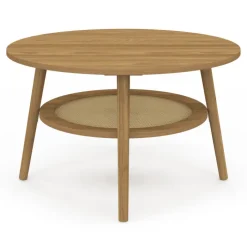 Table basse 70 cm ronde bois façon hêtre et plateau effet naturel cannage
