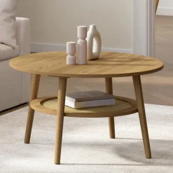 Table basse 70 cm ronde bois façon hêtre et plateau effet naturel cannage