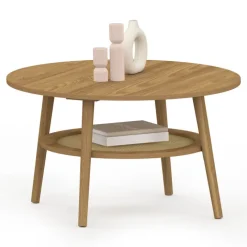 Table basse 70 cm ronde bois façon hêtre et plateau effet naturel cannage