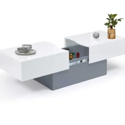 Table basse coulissante blanche et grise avec rangement mini bar intégré