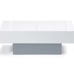 Table basse coulissante blanche et grise avec rangement mini bar intégré