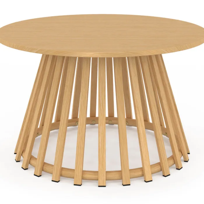 Table basse de jardin ronde 70 cm avec pied lattes en métal effet bois