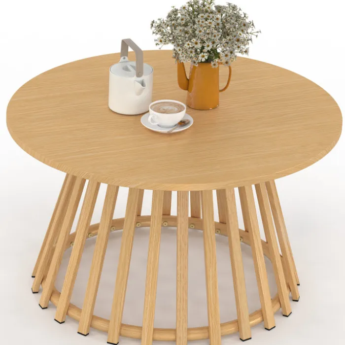 Table basse de jardin ronde 70 cm avec pied lattes en métal effet bois
