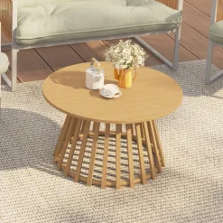 Table basse de jardin ronde 70 cm avec pied lattes en métal effet bois