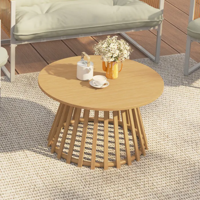 Table basse de jardin ronde 70 cm avec pied lattes en métal effet bois