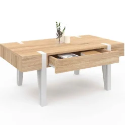 Table basse en bois pied épingle blanc avec 1 tiroir