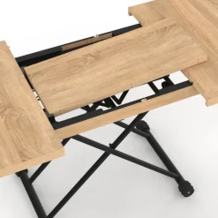 Table basse extensible relevable en table à manger rectangulaire bois et noir design industriel