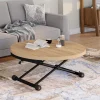 Table basse extensible relevable en table à manger ronde plateau façon hêtre pied noir design industriel