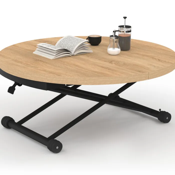 Table basse extensible relevable en table à manger ronde plateau façon hêtre pied noir design industriel