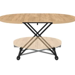 Table basse extensible relevable en table à manger ronde plateau façon hêtre pied noir design industriel