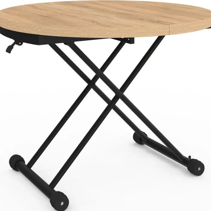 Table basse extensible relevable en table à manger ronde plateau façon hêtre pied noir design industriel