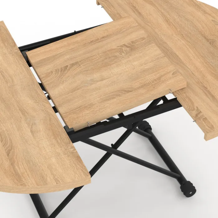 Table basse extensible relevable en table à manger ronde plateau façon hêtre pied noir design industriel