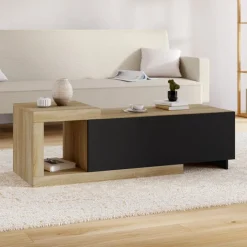 Table basse extensible rectangulaire 100-130 cm 1 porte bois et noir