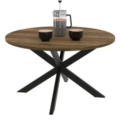 Table basse industrielle ronde 70 cm pied araignée noir bois foncé