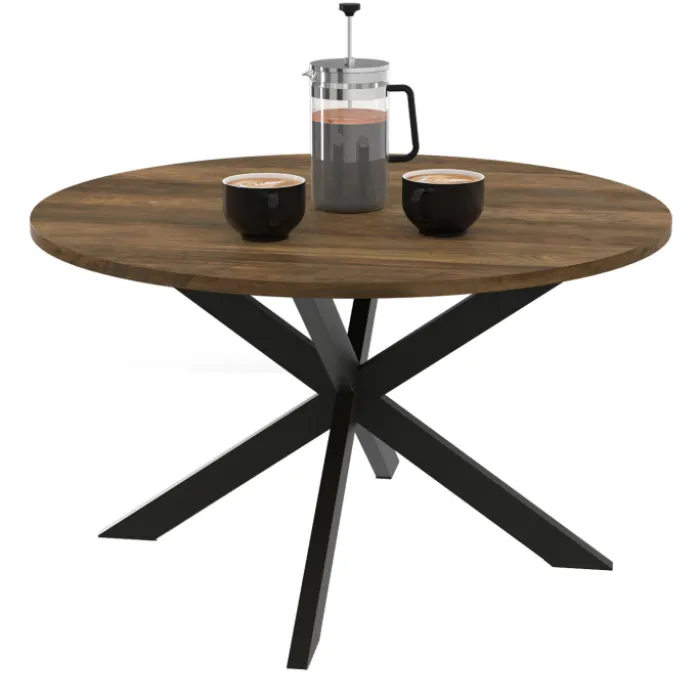 Table basse industrielle ronde 70 cm pied araignée noir bois foncé