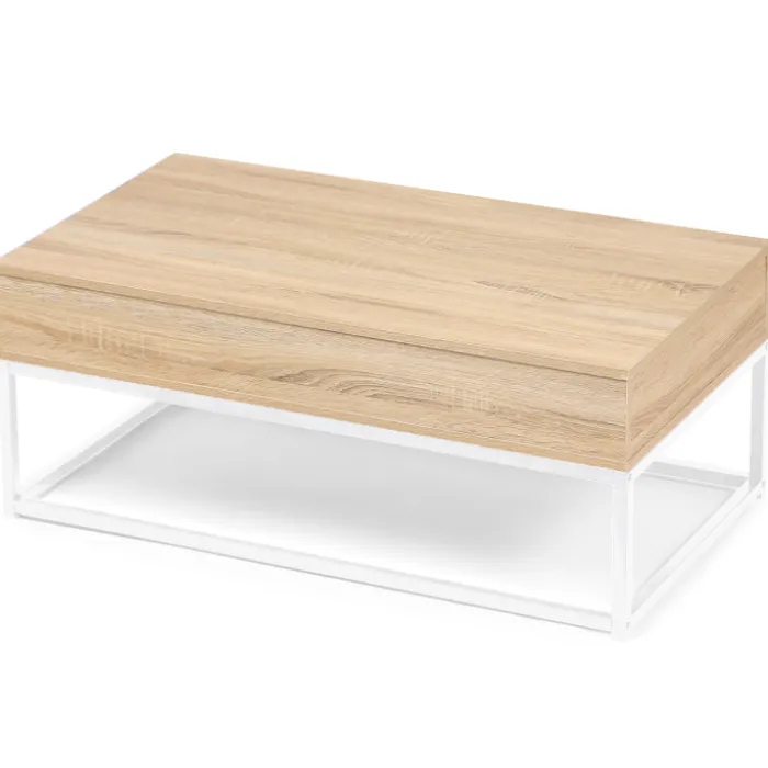 Table basse industrielle blanche et bois avec plateau relevable